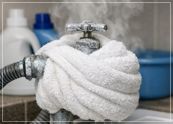 언 수도꼭지 따뜻한 수건으로 녹이는 사진