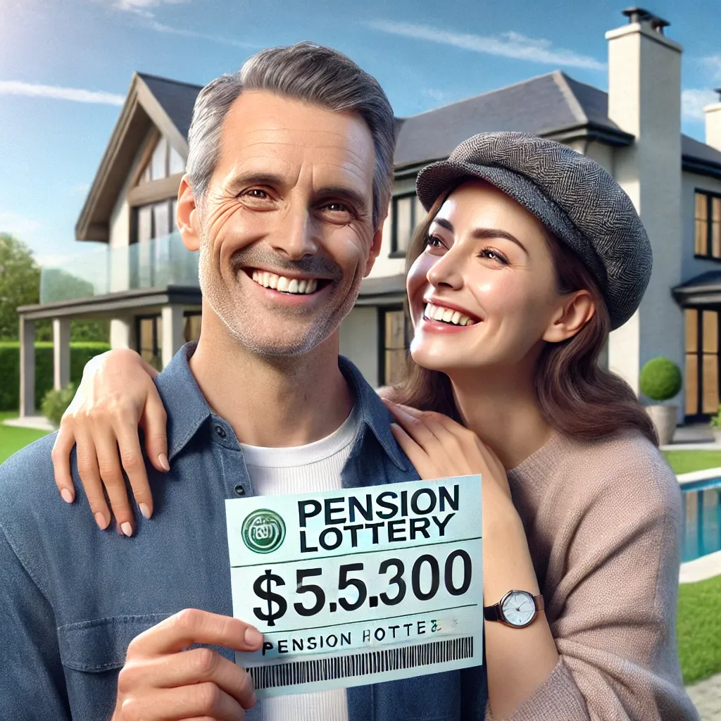 고급 주택 앞에서 연금복권 티켓을 들고 미소 짓는 행복한 부부의 모습.