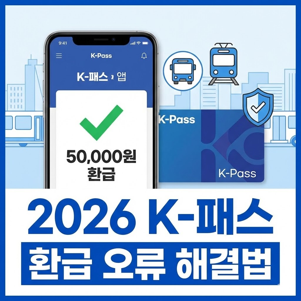 2026년 K-패스(알뜰교통카드) 환급금 정산 오류 해결 가이드. 월 15회 이용 조건, 주소지 업데이트 방법, 고객센터 연락처 및 자주 묻는 질문 요약 이미지
