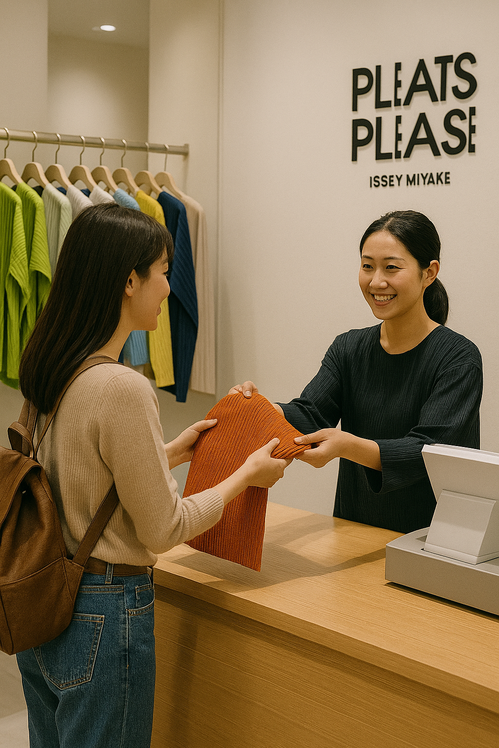 플리츠플리즈 매장에서 옷을 구매하는 여상의 모습