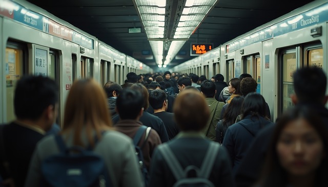 전철을 타기 위해 걸어가는 사람들