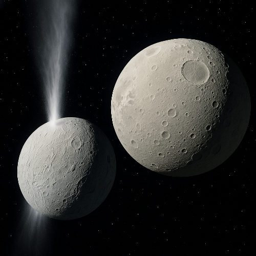 테티스와 엔셀라두스의 얼음화상 이미지 사진