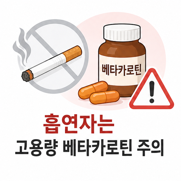 흡연자가 고용량 베타카로틴 보충제를 주의해야 한다는 내용을 표현한 이미지