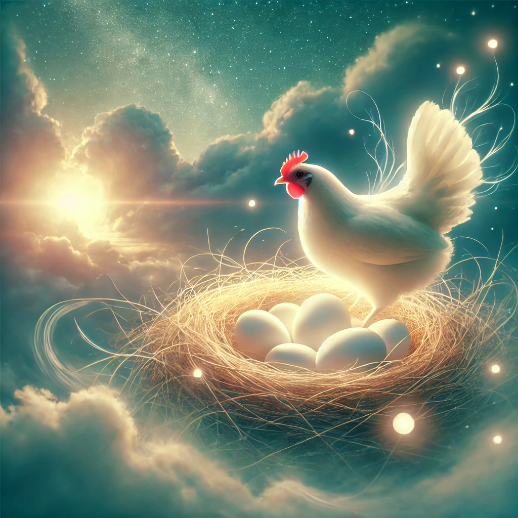 꿈속에서 흰 닭이 알을 낳는 상징적인 장면, 길몽과 행운을 암시하는 일러스트