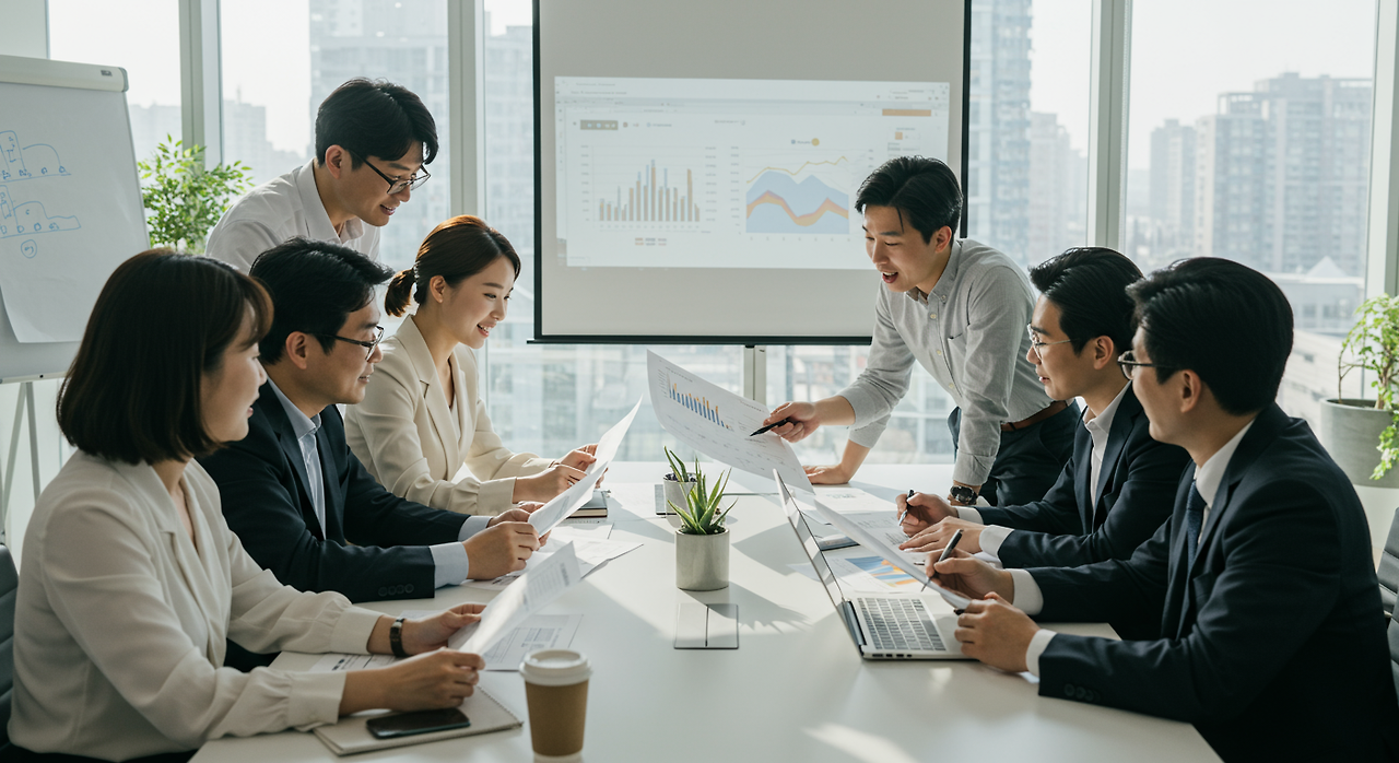 다양한 연령대의 전문가들이 모여 재무 서류와 그래프를 논의하는 모습