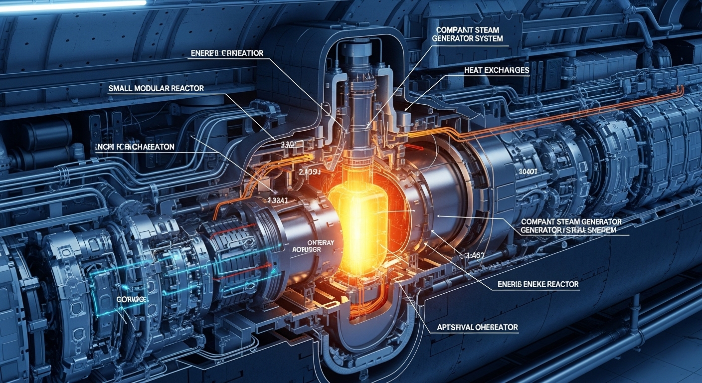 소형모듈원자로(SMR)가 잠수함 엔진룸에 통합된 상세 단면도, 첨단 원자력 기술을 상징.