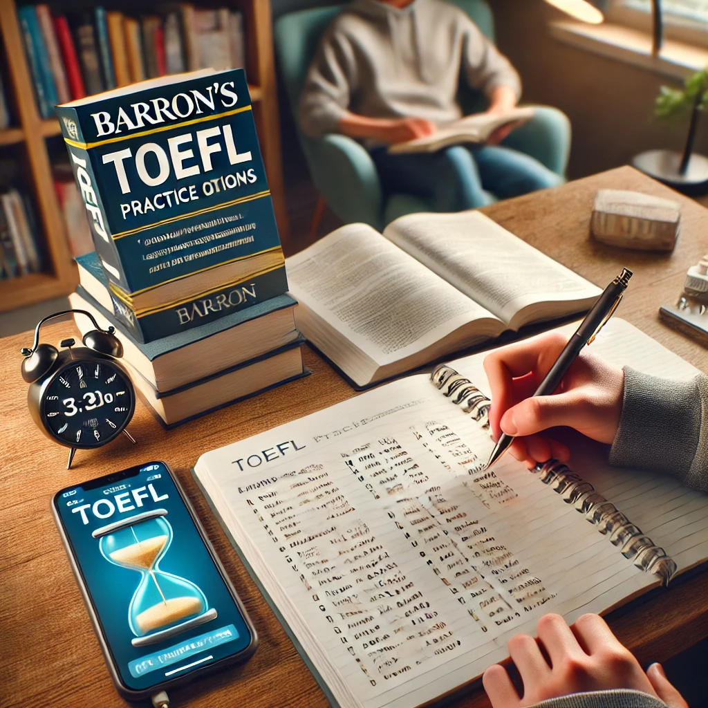 Barron&amp;#39;s TOEFL 책으로 연습 문제를 푸는 학생&amp;#44; 아늑한 공부 공간과 책장