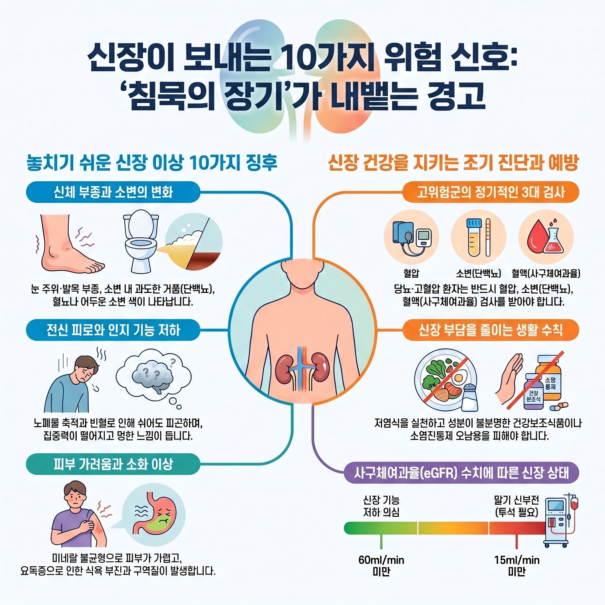 신장이 보내는 10가지 위험 신호: &lsquo;침묵의 장기&rsquo;가 내뱉는 경고를설명하는 인포그래픽 입니다.