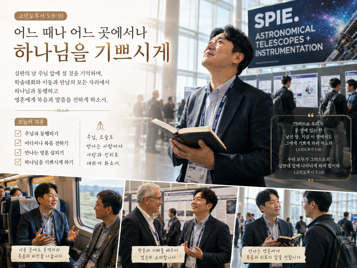 고후 5:9-10 말씀에서 제가 행한대로 심판의 때에 주님 앞에 서게 될 날을 생각하며&amp;#44; 늘 하나님을 기뻐하는 삶을 살아가도록 하나님과 동행하고 영혼에게 복음과 말씀을 전하려는 시도를 어느 때나 어느 곳에서나 하는 모습입니다. 학술대회에 참여하거나 센터원과 이동하거나 많은 석학이나 관계자들을 만나게 될 때에도 하나님과 동행하며 영혼에게 복음을 전하려는 시도를 하는 모습입니다.