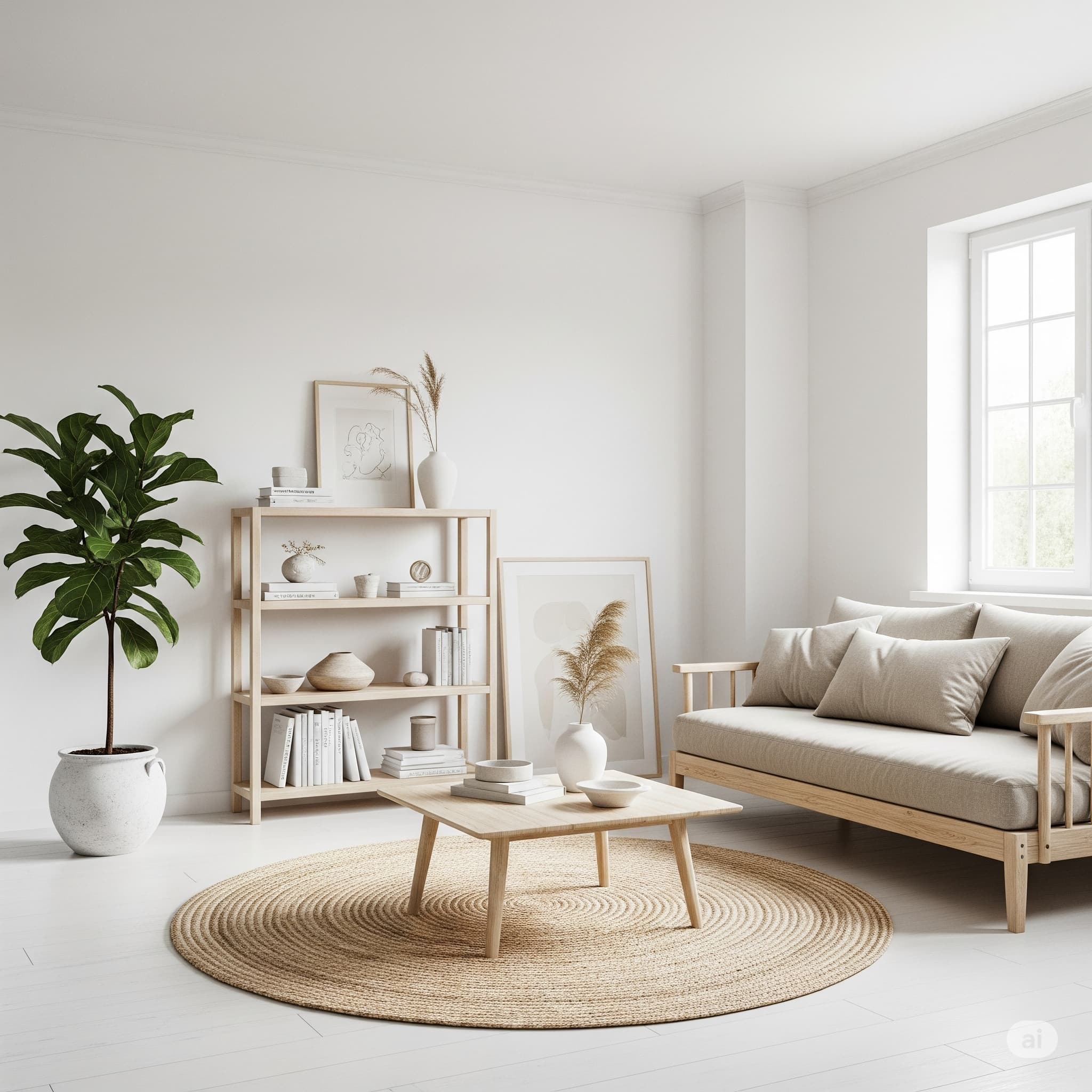화이트 벽, 내추럴 우드 가구, 라탄 러그로 꾸민 미니멀 인테리어 거실