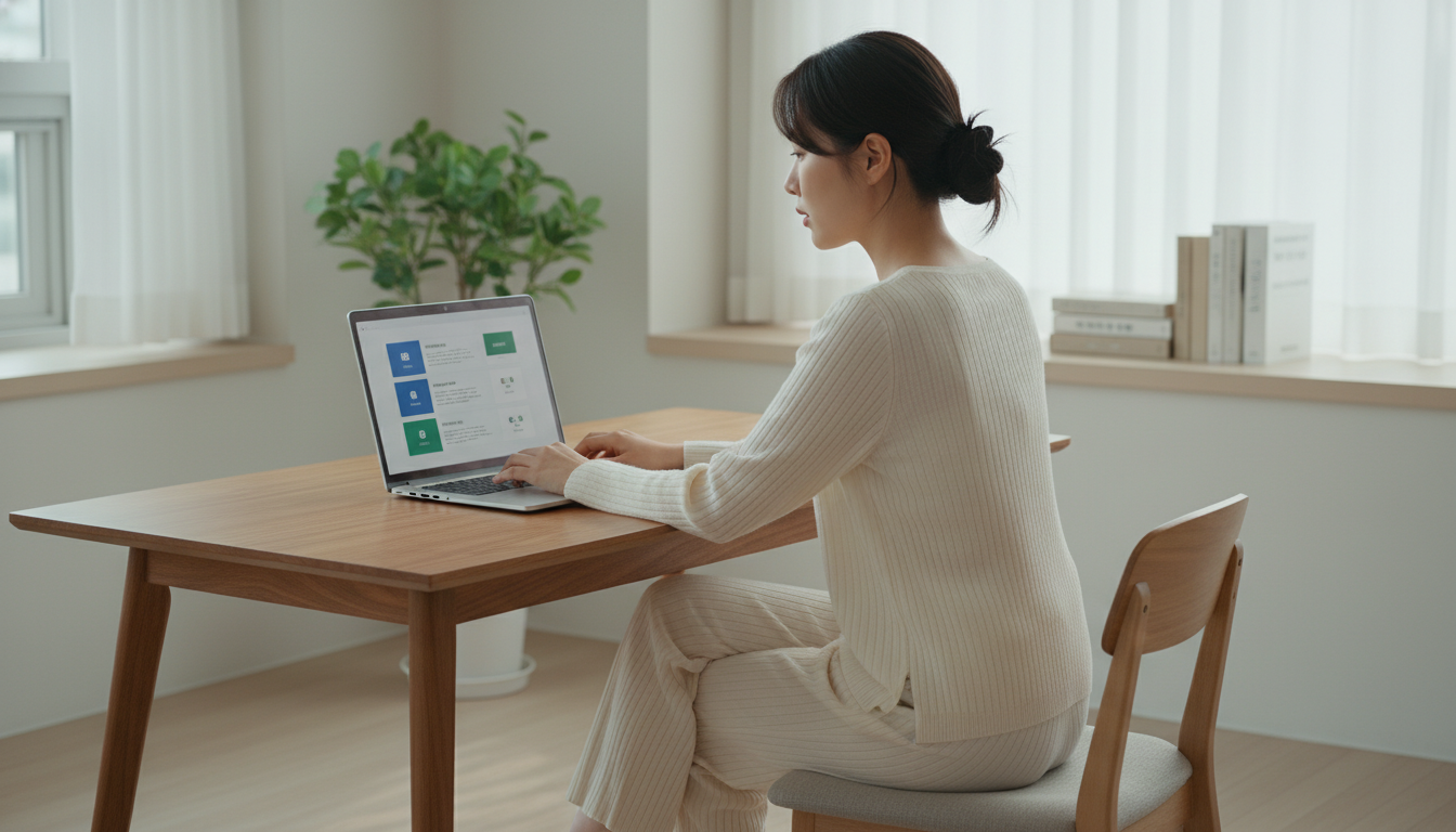 복지 포털 사이트를 보며 정부 지원금을 확인하는 현대 한국 여성.