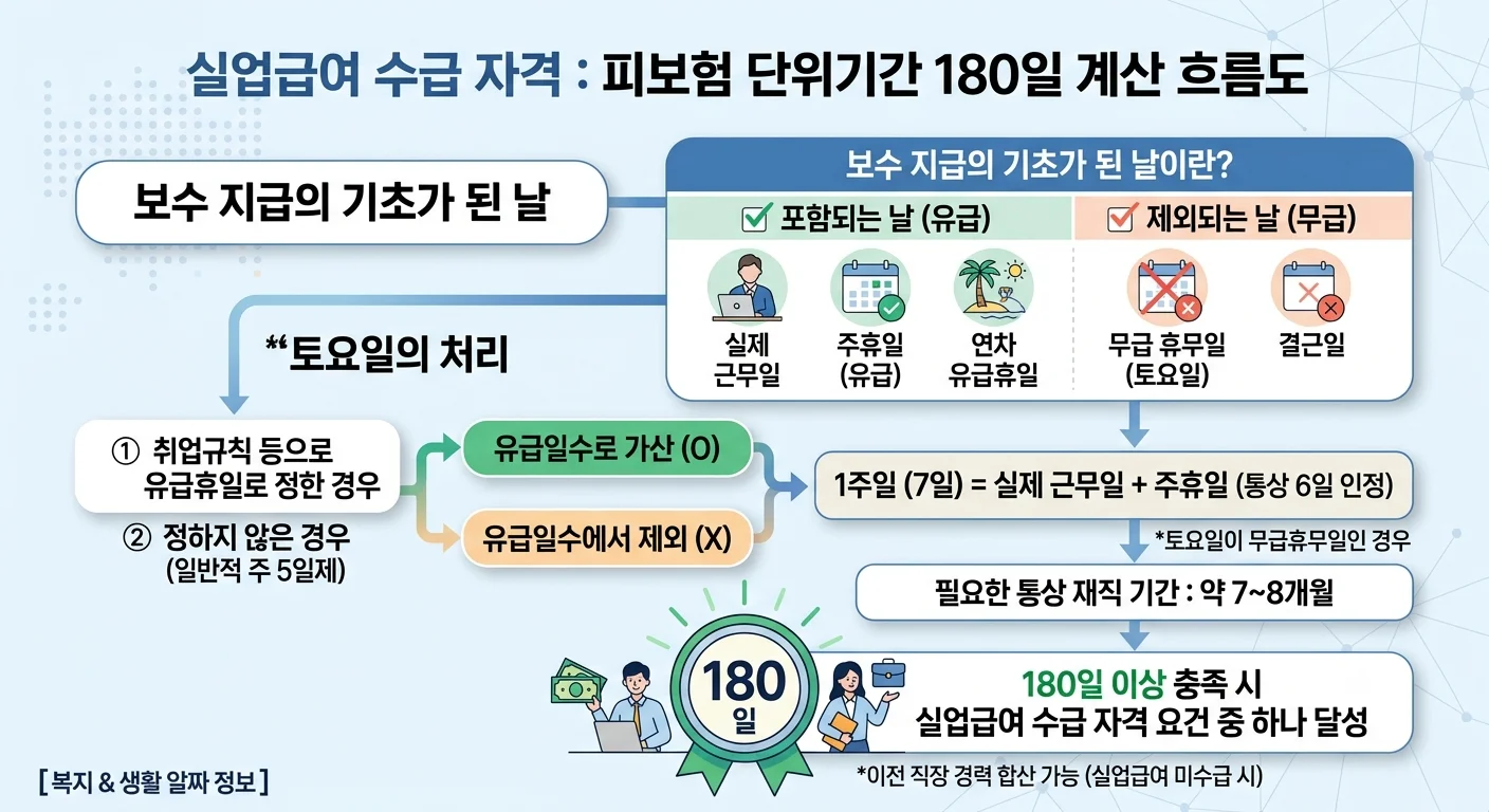 고용보험 피보험단위기간 주휴일 포함 180일 충족 및 7개월 근무 기준 안내