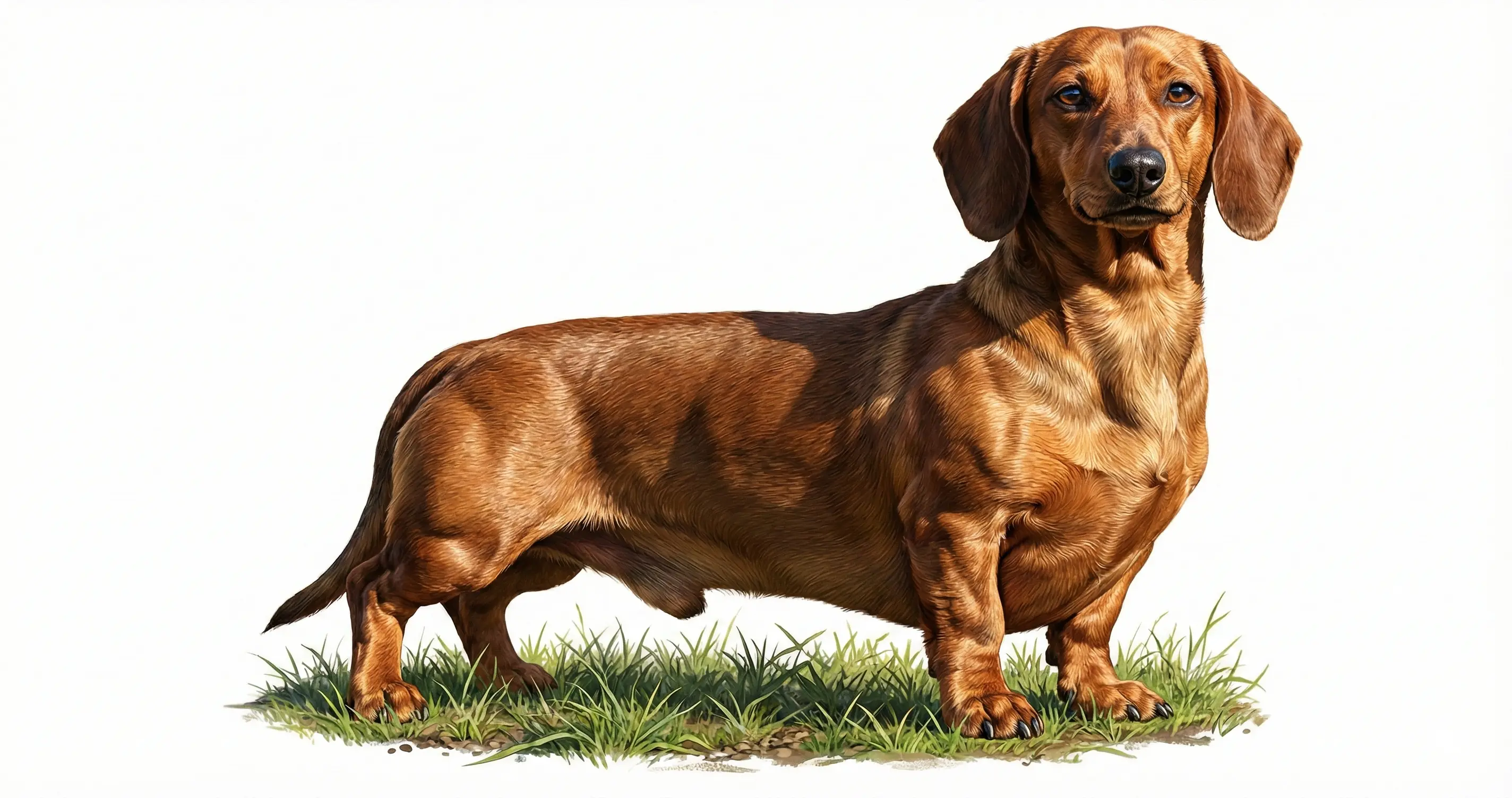 짧은 다리와 긴 허리를 가진 닥스훈트가 잔디밭에 당당하게 서 있는 모습