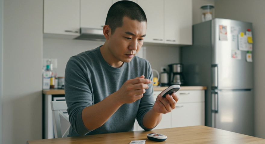 혈당 측정기 사용하는 한국인 남성
