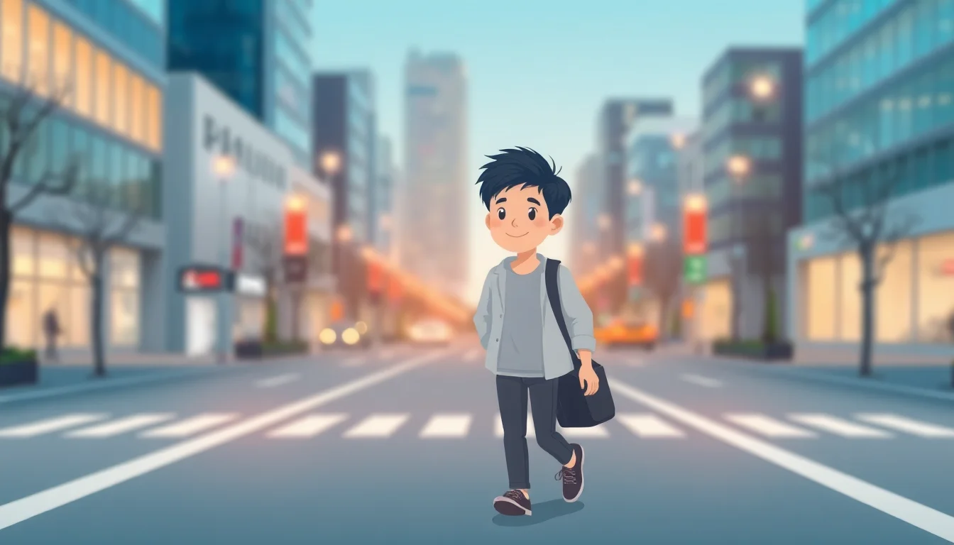 만화 스타일의 소년이 도시 거리 횡단보도를 걷고 있다.