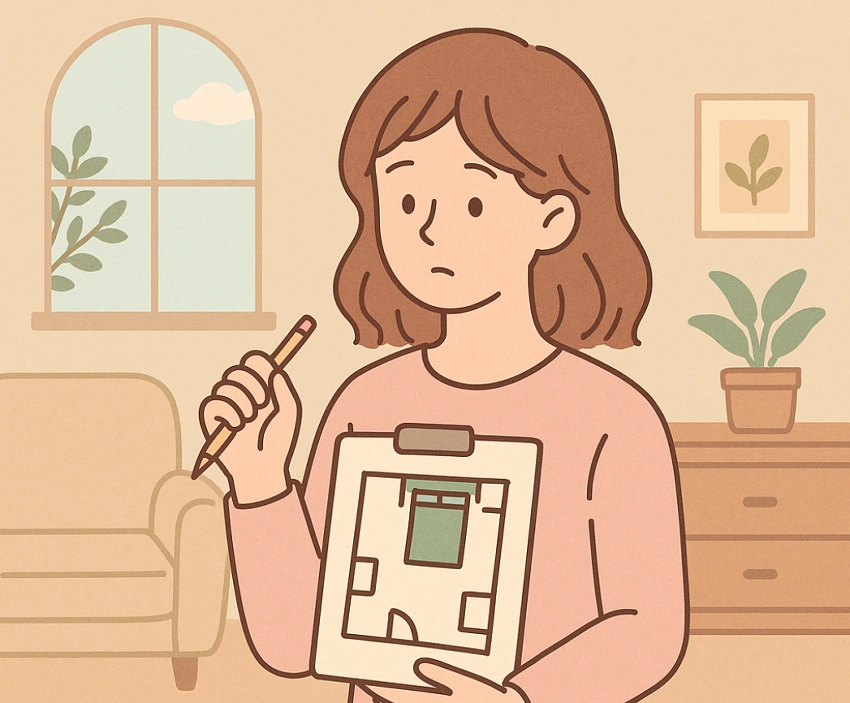 셸프인테리어 계획을 세우고 있는 여성의 일러스트