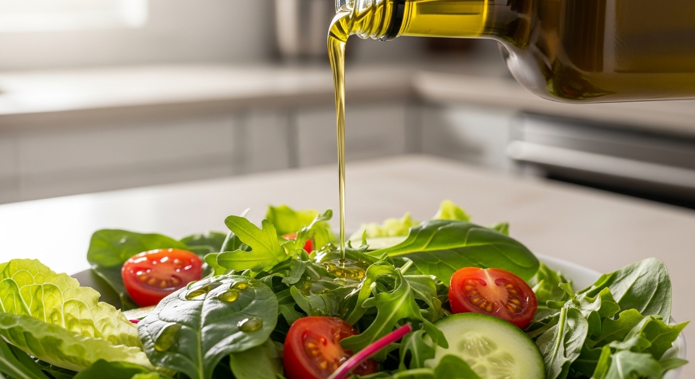 투명한 병에서 신선한 초록색 샐러드 위로 엑스트라 버진 올리브오일이 흘러내리는 모습. 샐러드의 신선함과 올리브오일의 황금빛이 강조됩니다.