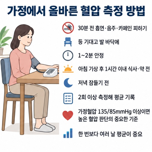 혈압 측정 전 카페인 흡연 음주 피하기 앉아서 안정하기 아침과 저녁 두 번 이상 측정해 평균 기록하기를 보여주는 가정혈압 체크리스트