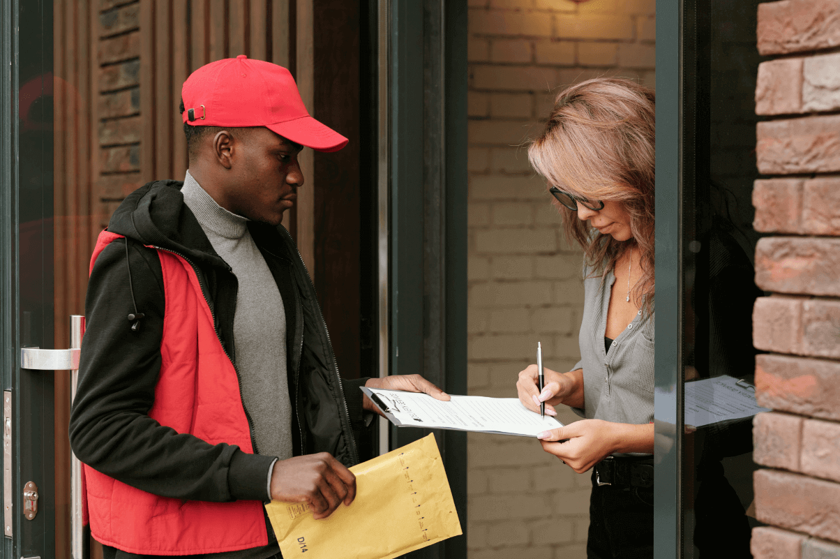 현관 앞에서 조사원이 서류를 건네고 여성이 서명하는 모습