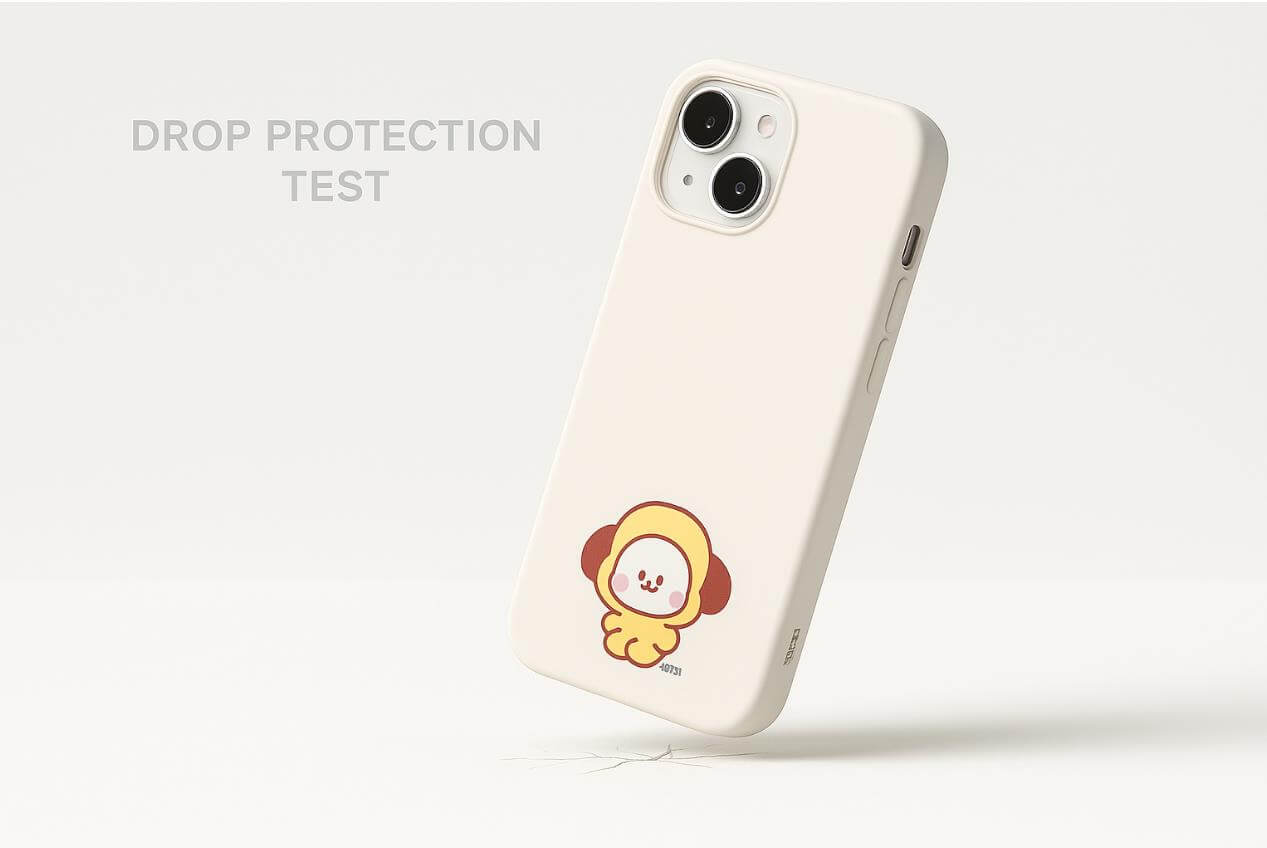 BT21 미니니 케이스의 충격 흡수 기능을 보여주는 장면