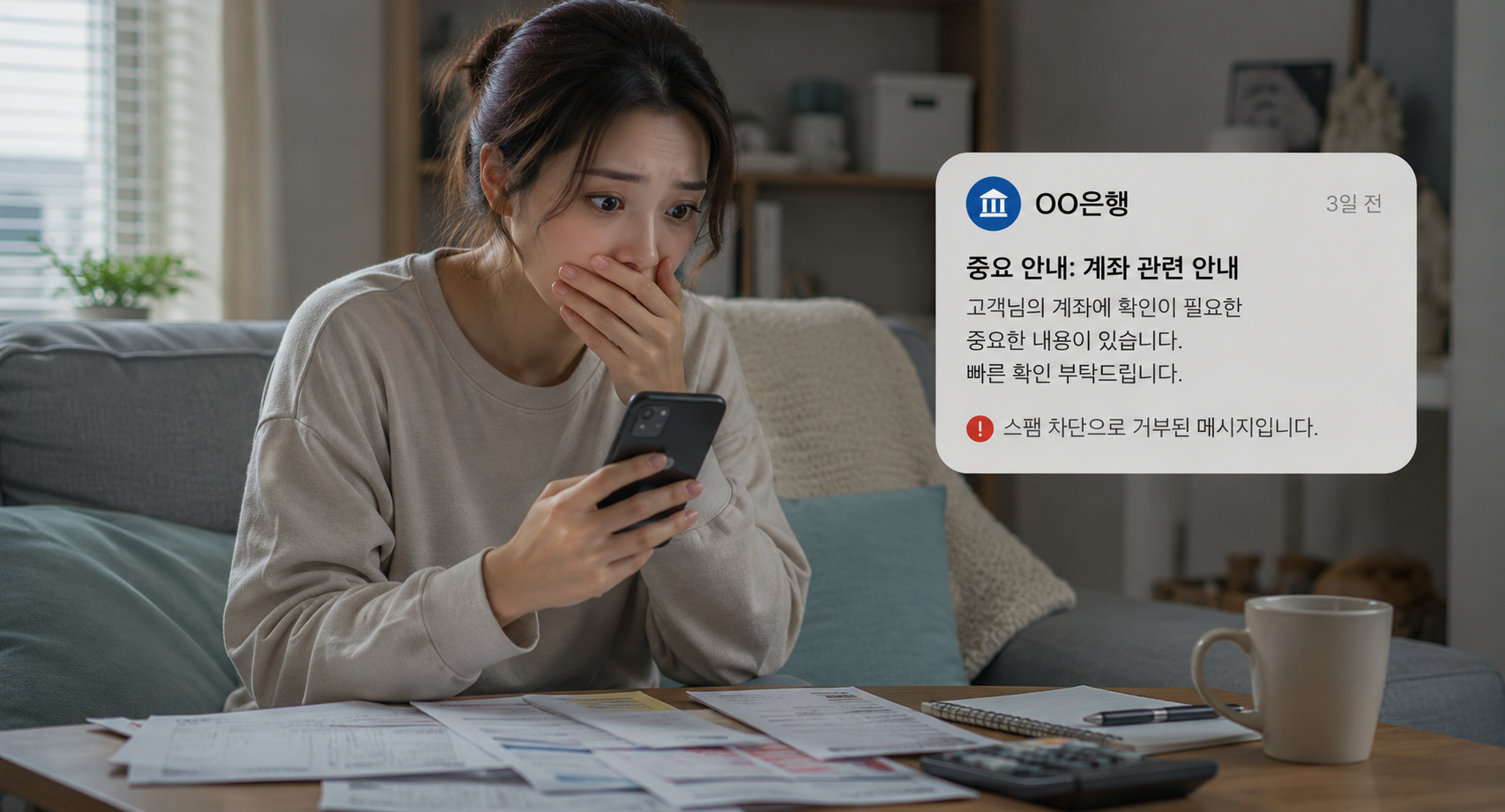AI 스팸 차단으로 은행의 중요한 연락을 뒤늦게 확인하고 놀란 여성의 모습