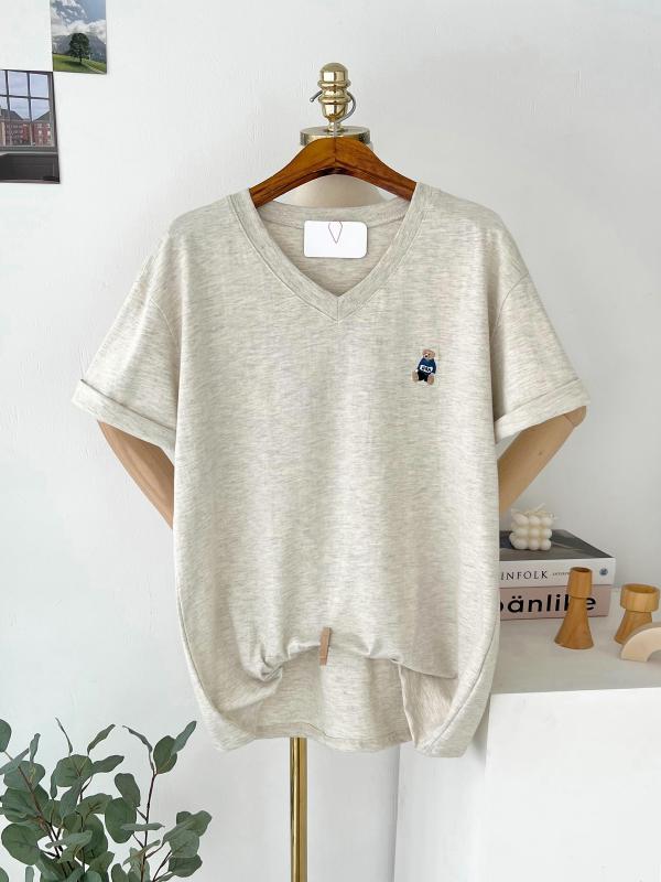 브이넥 자수 곰돌이 루즈핏 반팔티셔츠