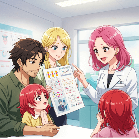 가족력 질병에 대해 설명을 듣고 있는 가족