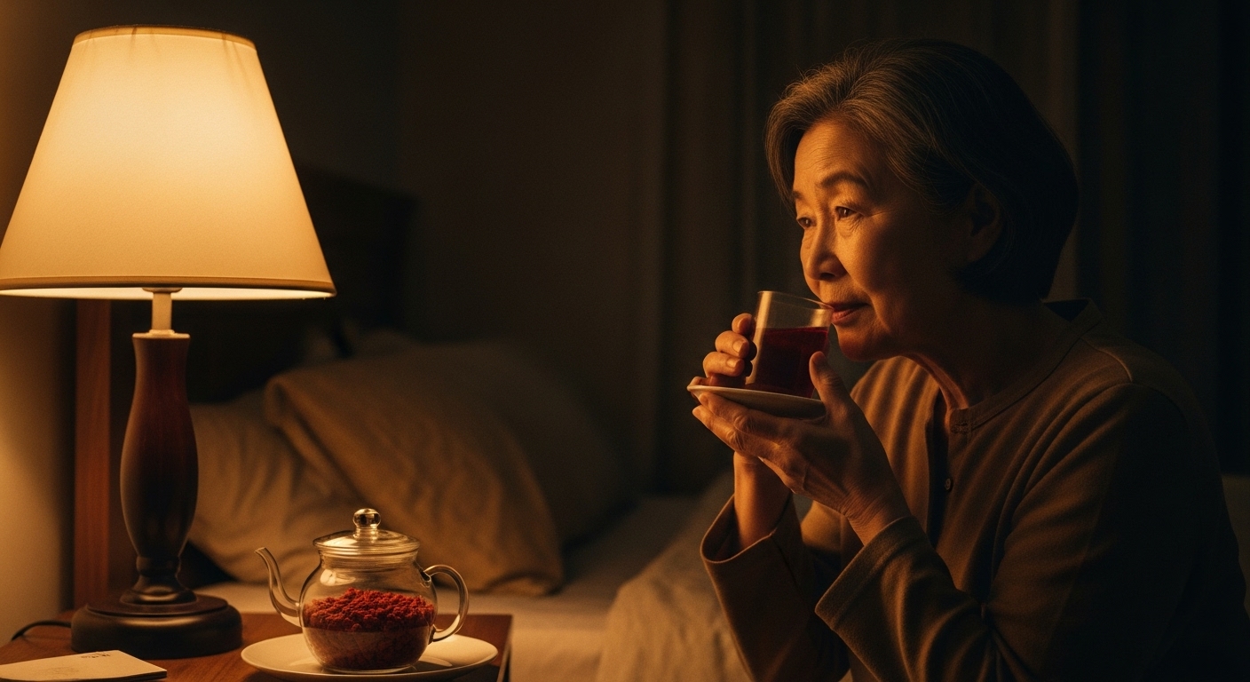 밤에 구기자차를 마시며 휴식하는 60대 여성의 장면