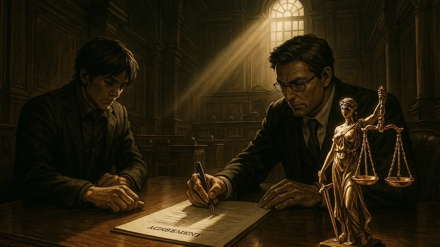 법정에서 합의서를 작성하는 모습과 저울 모양의 정의의 상징이 함께 있는 이미지