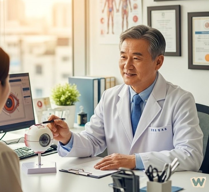 30년 경력 안과 전문의가 눈 모형을 들고 스마트폰 눈건강에 대해 설명하는 모습 via Gemini