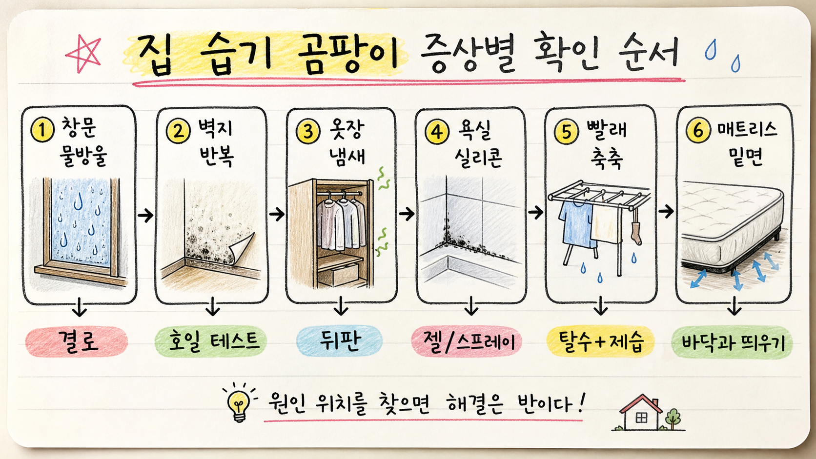 집 습기 곰팡이 증상별 세부글 이동 순서를 보여주는 손글씨 카드