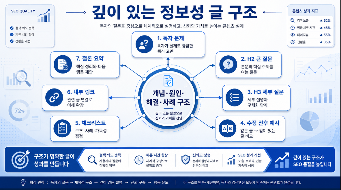 독자 문제 H2 큰 질문 H3 세부 질문 개념 원인 해결 사례를 연결한 정보성 글쓰기 전략 이미지