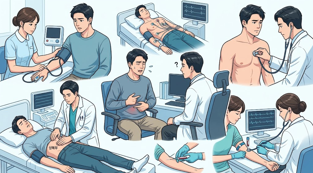 의료진의 문진, 활력징후 측정, 복부 진찰, 심전도 검사 및 채혈 과정을 표현한 메디컬 일러스트