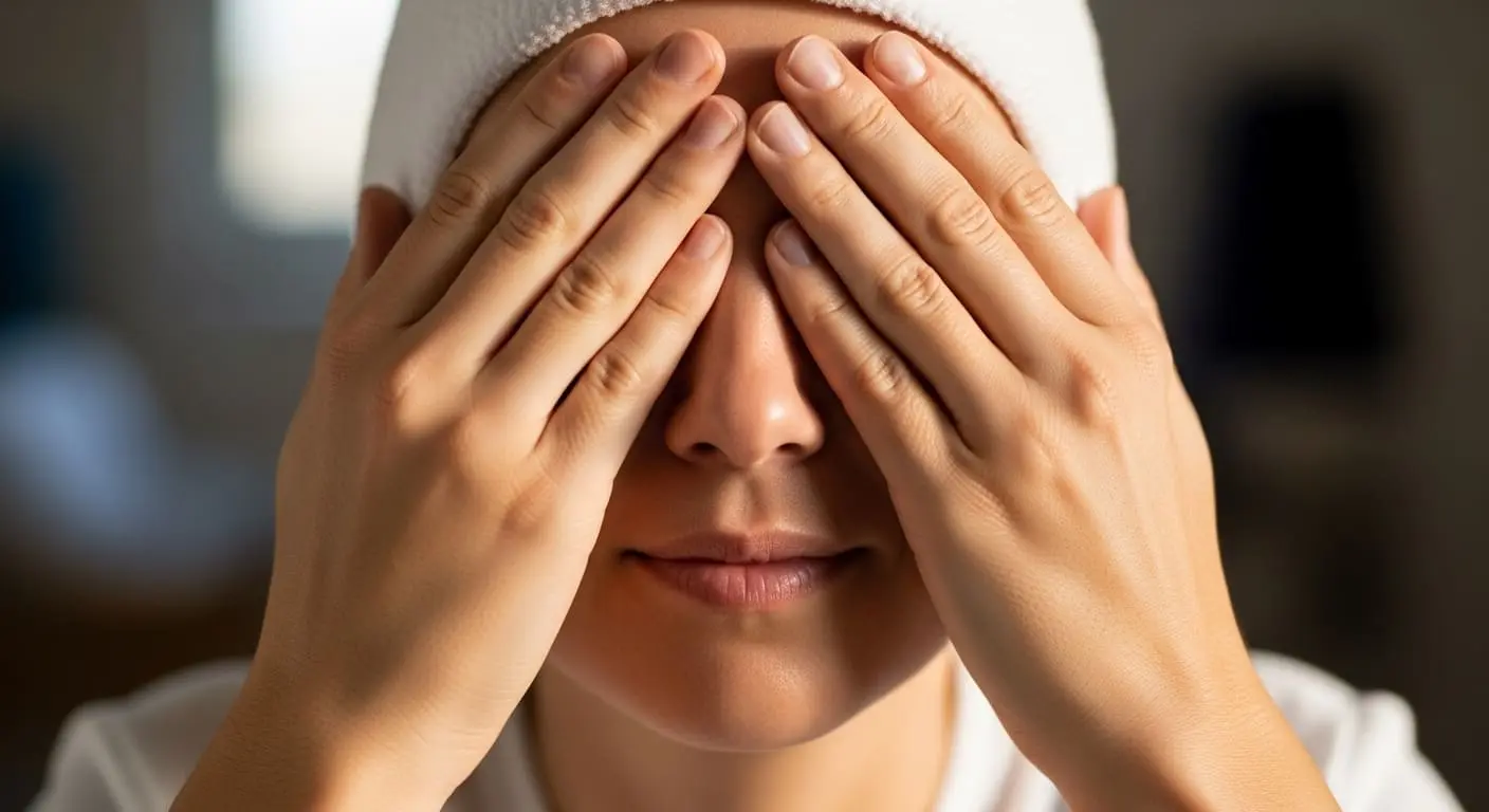 따뜻한 손바닥으로 눈을 가리고 편안하게 눈 온찜질 운동을 하는 사람의 모습입니다.