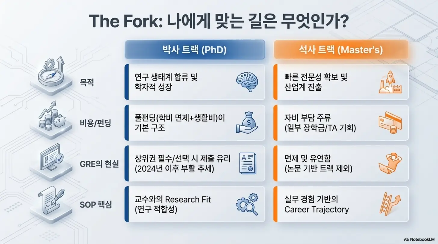 미국 이공계 대학원 박사 트랙과 석사 트랙을 목적&amp;#44; 비용과 펀딩&amp;#44; GRE 현실&amp;#44; SOP 핵심 네 항목으로 비교한 표. 박사는 연구와 풀펀딩 중심&amp;#44; 석사는 실무와 커리어 중심임을 한눈에 보여주는 이미지. 