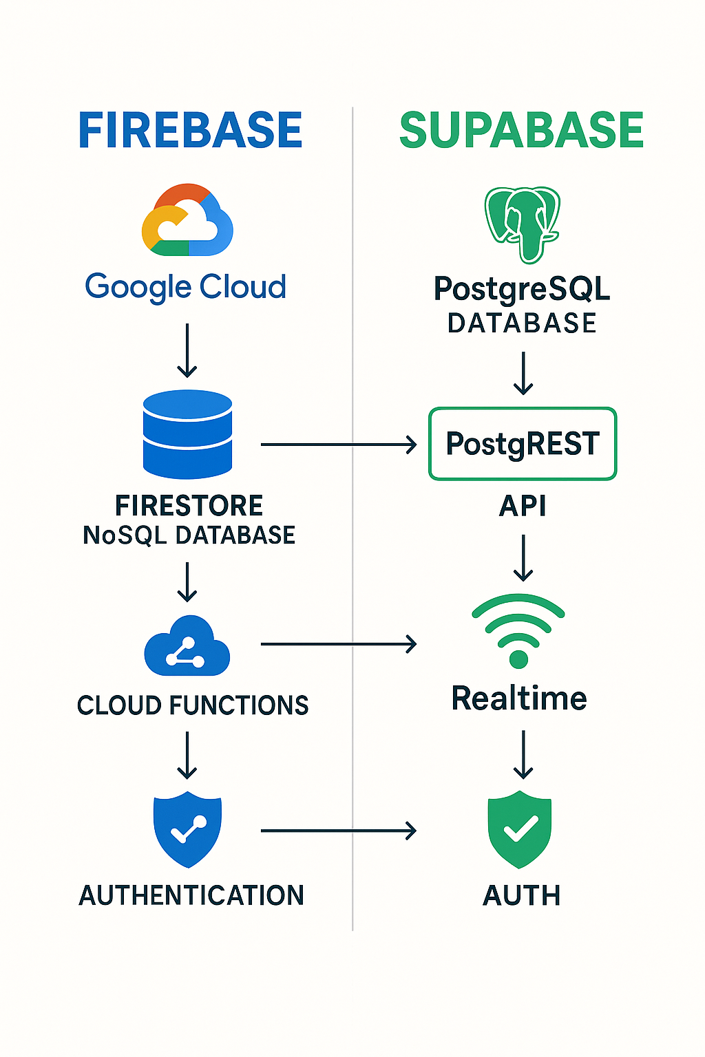 Supabase vs Firebase architecture comparison diagram showing database structure and service components