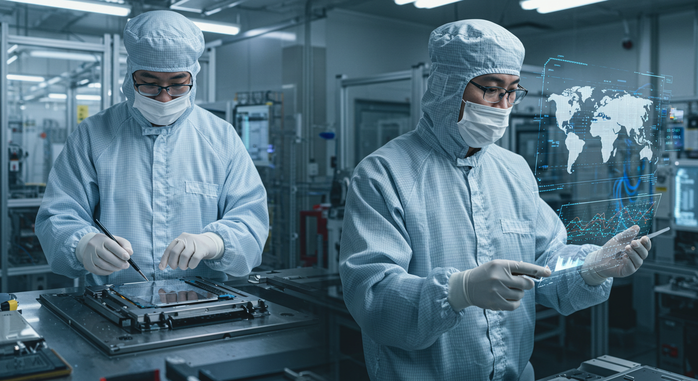 반도체 생산 시설에서 작업 중인 엔지니어와 글로벌 무역 경로가 표시된 화면