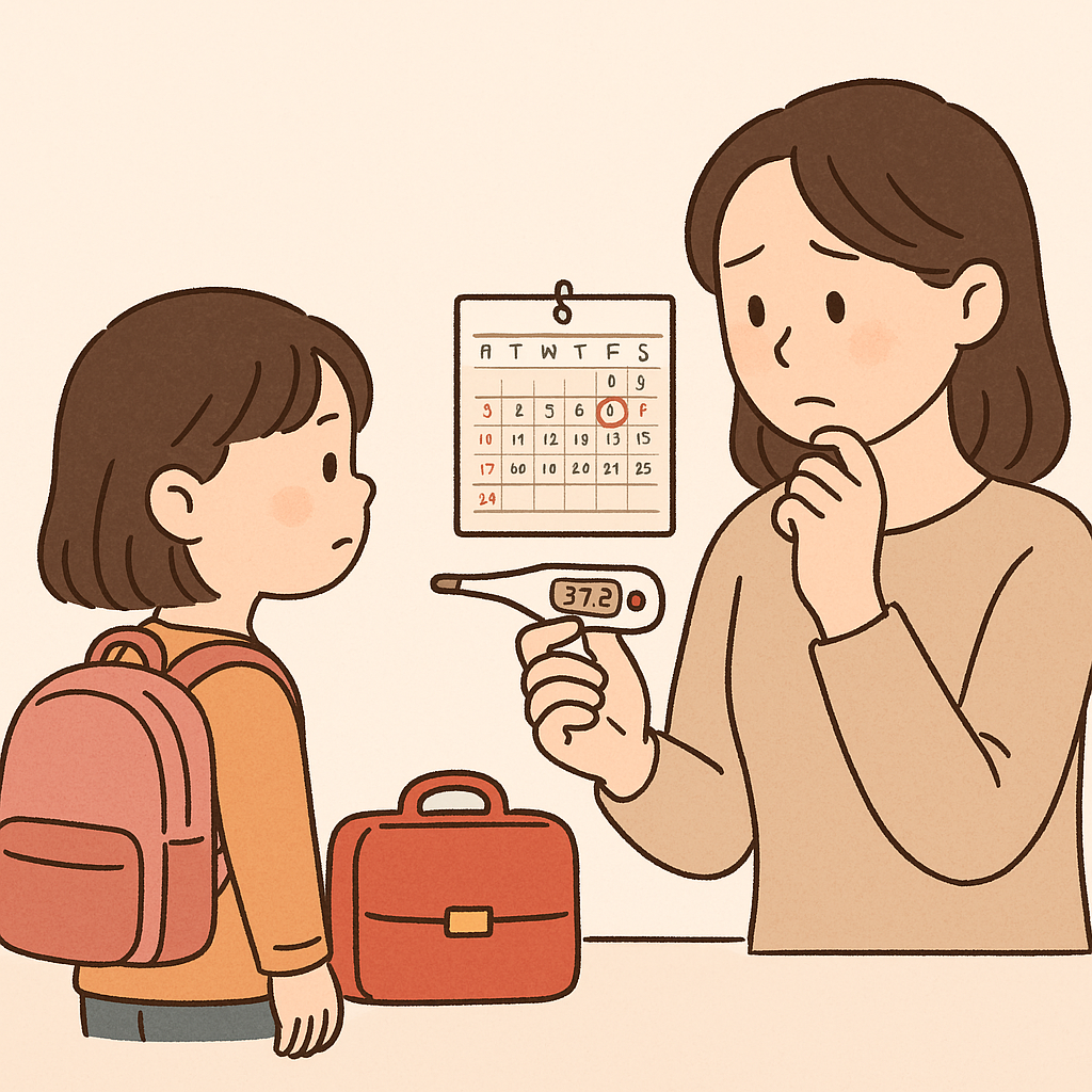 장염 회복 후 등원 시기를 고민하는 아이와 엄마의 모습, 체온계와 달력으로 전염성 기간을 확인하는 장면