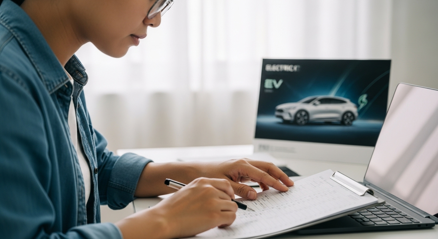 전기차 구매 전 보조금 혜택을 꼼꼼히 확인하며 체크리스트를 점검하는 사람의 모습. 현명한 구매 결정을 위한 준비 과정을 나타냅니다.