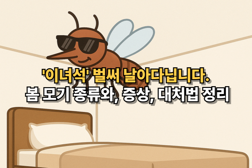 선글라스를 쓴 귀여운 모기가 침대 위에 떠다니는 모습, 봄 모기 활동을 묘사한 일러스트 썸네일