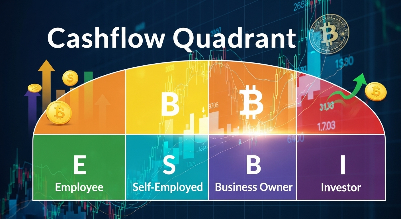 부자아빠의 투자 철학을 상징하는 현금 흐름과 비트코인 차트 이미지