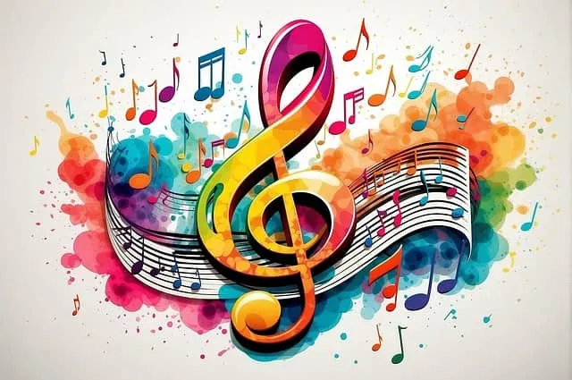 다채로운 색으로 표현된 음표와 음계가 흩날리는 가운데, 중앙에 커다란 형형색색의 트레블 클레프(높은음자리표)가 돋보이는 추상적인 음악 일러스트. 생동감과 창의성을 상징하는 시각적 표현.
