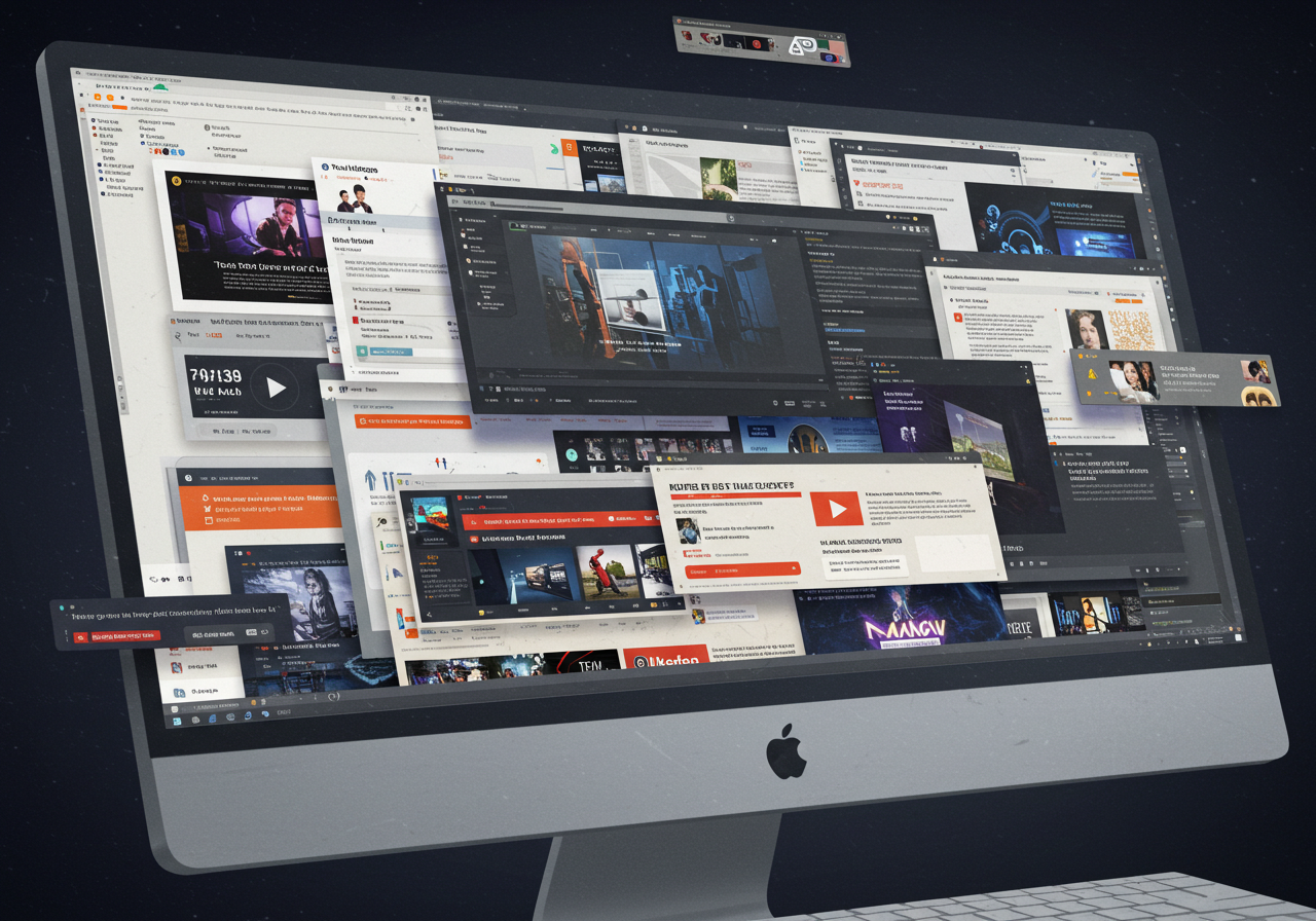 컴퓨터 꿀팁을 찾기 위해 블로그, 유튜브, 커뮤니티 사이트를 동시에 탐색하는 장면