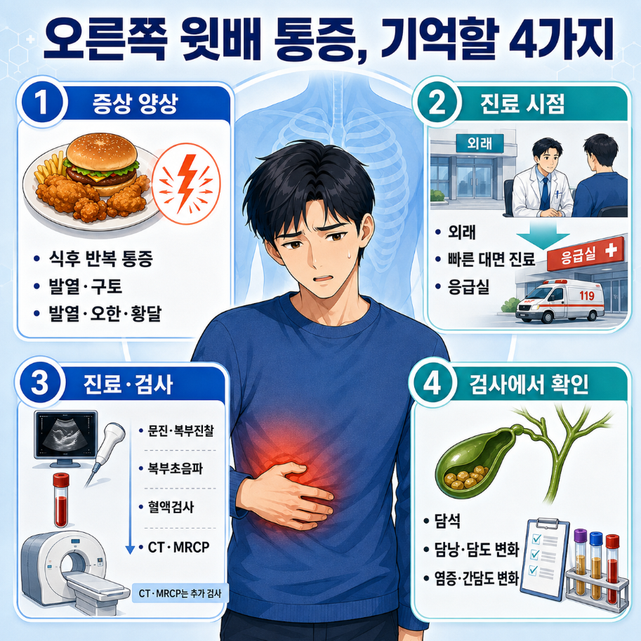 오른쪽 윗배 통증의 증상 양상과 진료 시점, 검사 및 검사 결과에서 기억할 4가지