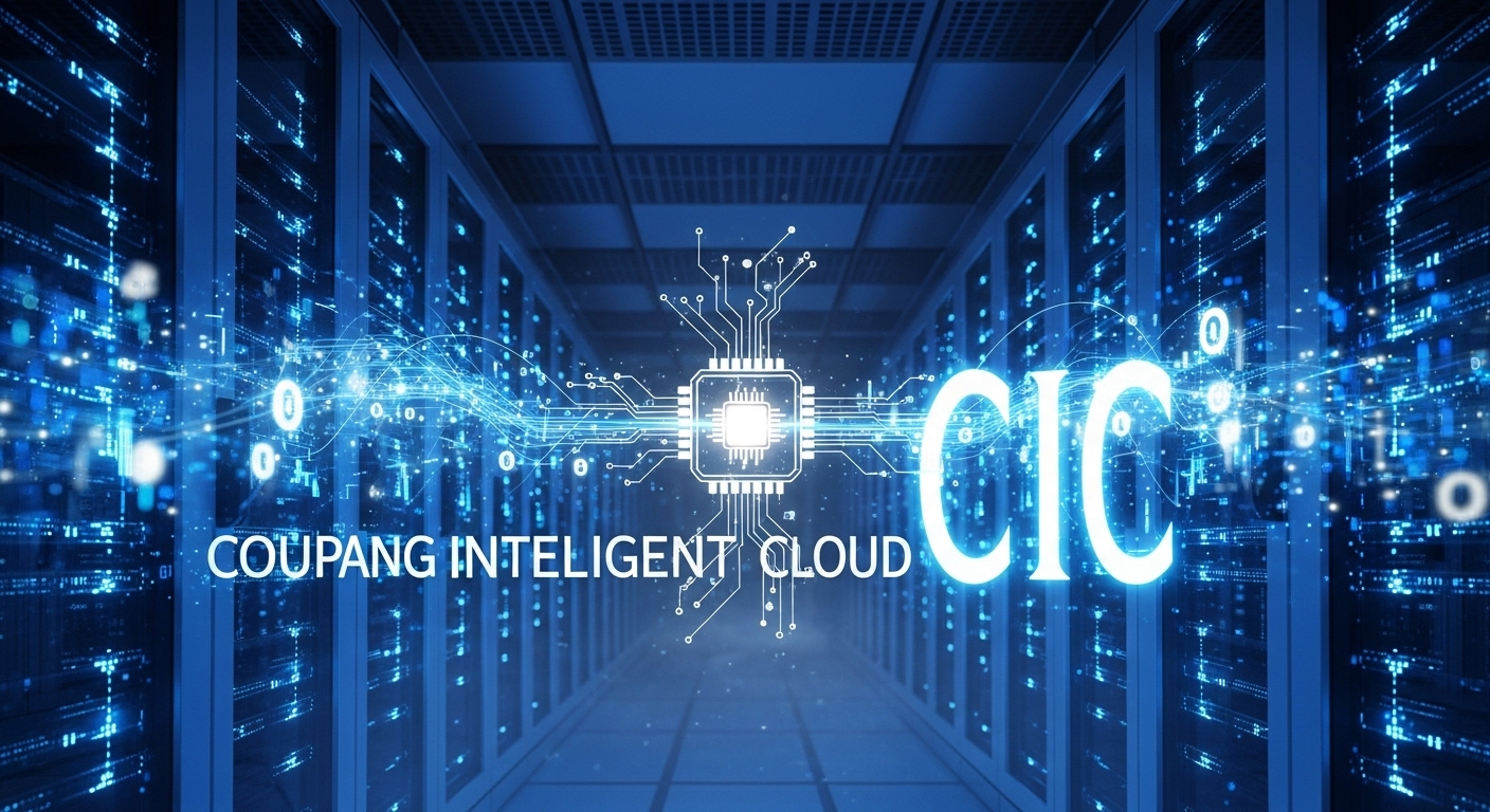 파란색 빛을 내는 서버 랙들과 데이터 흐름이 AI 클라우드 컴퓨팅 서비스인 쿠팡 인텔리전트 클라우드(CIC)의 첨단 기술력과 미래 성장 잠재력을 표현합니다.