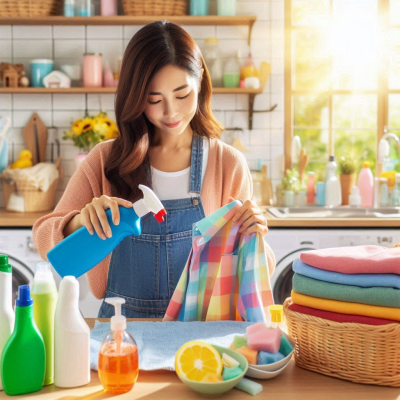 분홍 셔츠에 얼룩 제거제를 뿌리며 웃고 있는 여성의 모습