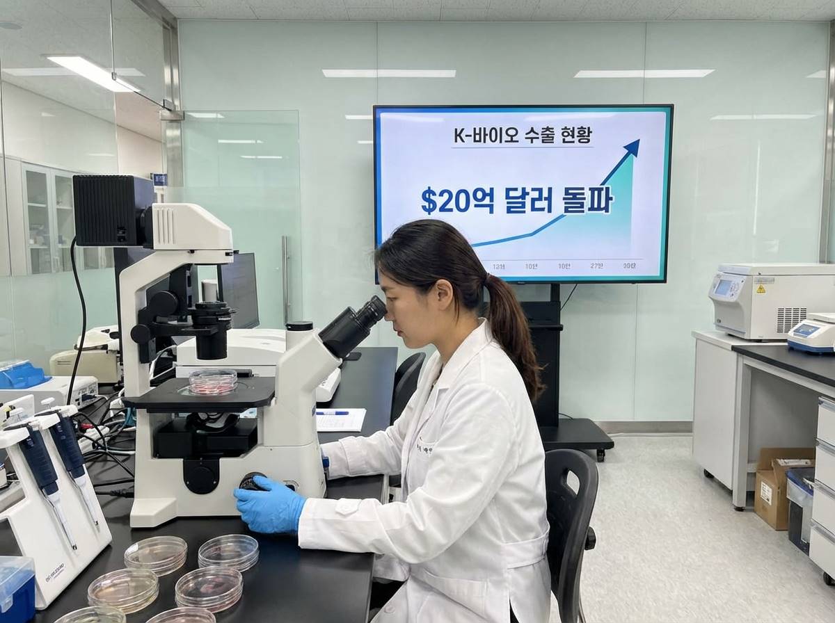 현대적인 바이오 실험실에서 연구원이 현미경으로 세포를 관찰하고 있으며, 배경에는 K-바이오 수출액 상승을 나타내는 우상향 선 그래프와 20억 달러라는 수치가 강조된 인포그래픽