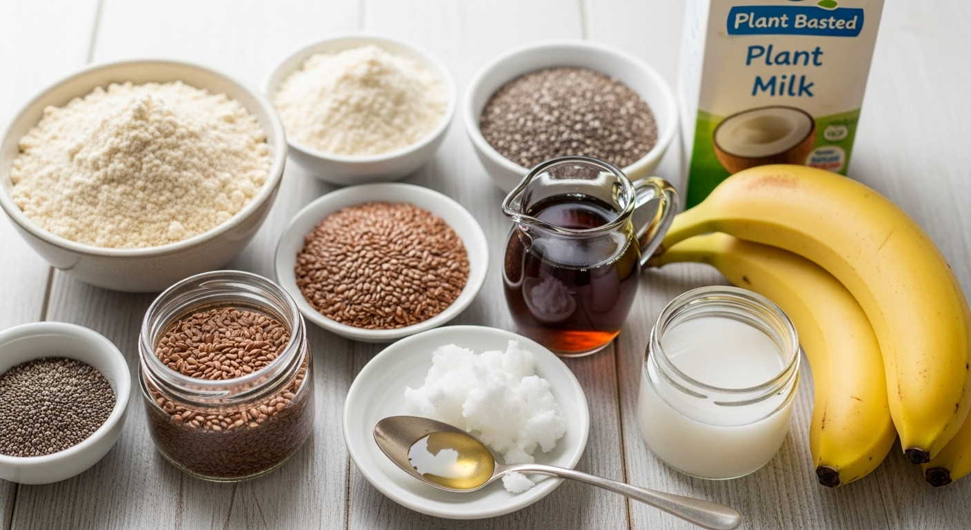 오트 가루, 아몬드 가루, 아마씨, 바나나 등 다양한 글루텐 프리 비건 베이킹 재료들이 깔끔하게 놓여있는 모습