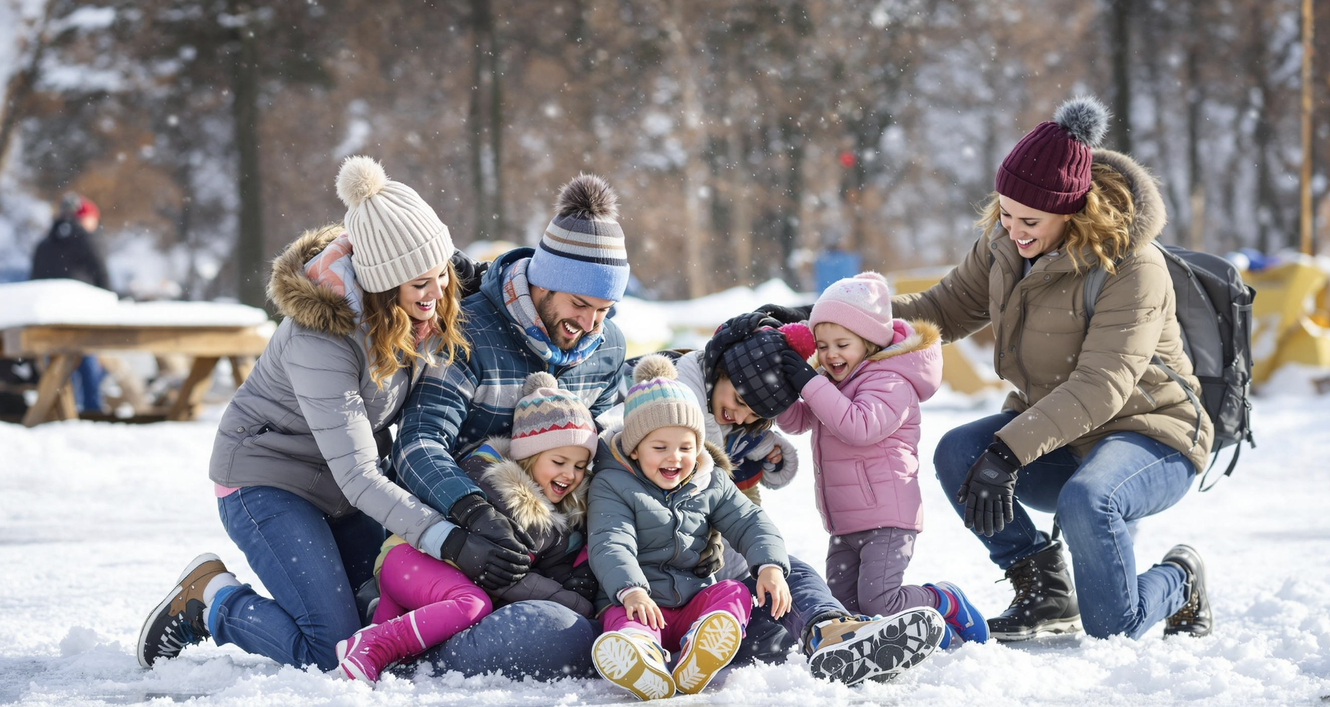 겨울여행지에서 아이와 가족이 함께 즐기는 모습 이미지