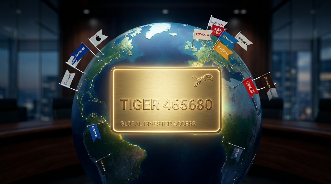 지구본 위에 전 세계 유명 기업들의 로고(애플,삼성,루이비통 등)가 깃발처럼 꽂혀 있고,그 중심에 'TIGER 0060H0' 황금 카드가 놓인 3D일러스트